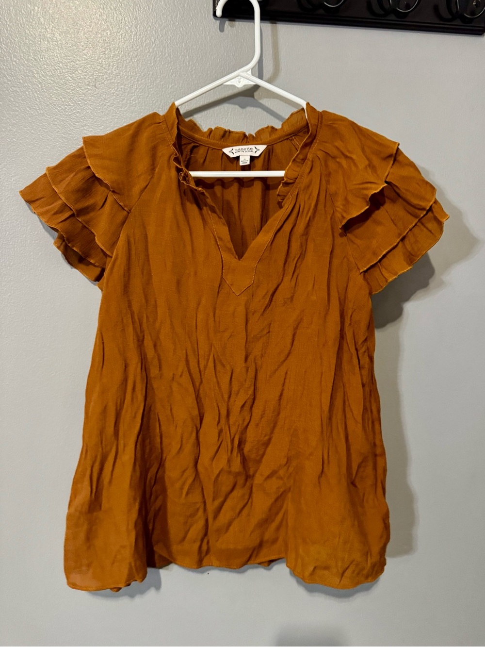 Nanette Lepore Rust Orange Ruffle Sleeve Split-Neck Blouse